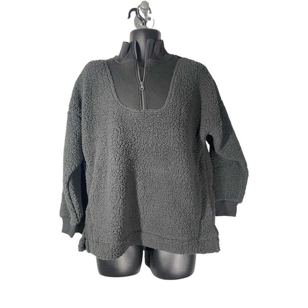Aerie Womens Dream Sherpa Shearling Quarter Zip Pullover Sweatshirt Black Size S
